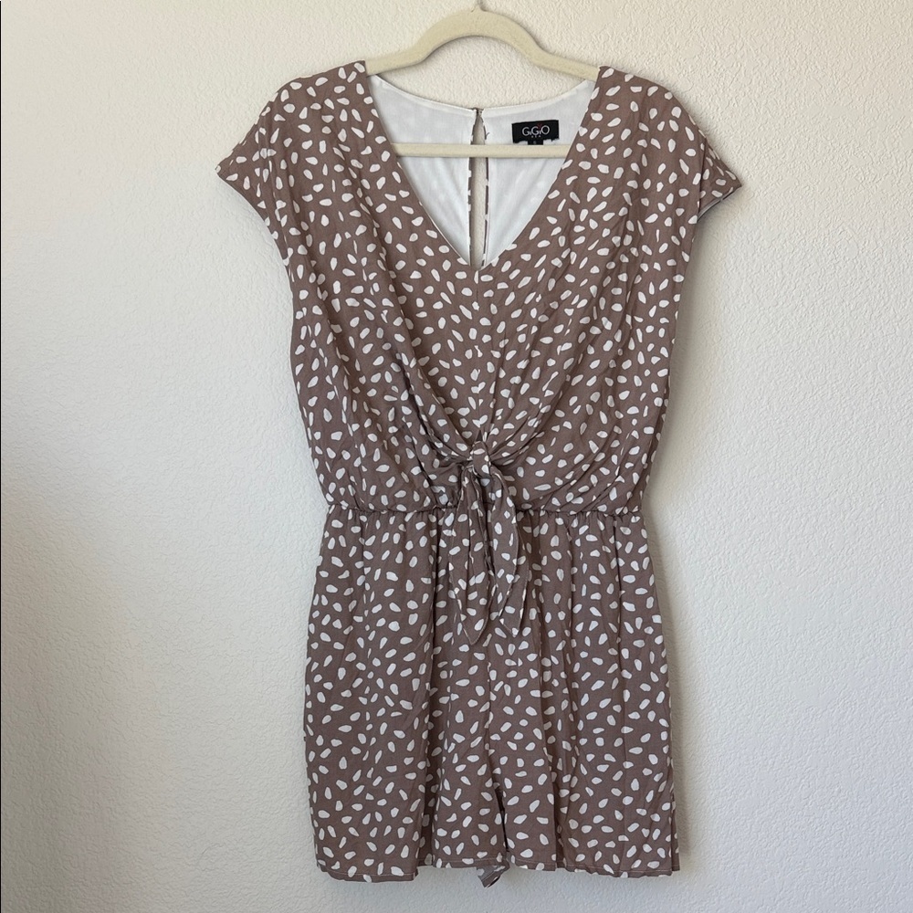 Gigio Taupe Polka Dot Tie Front Romper Boho Neutral Rayon Pockets Sz S